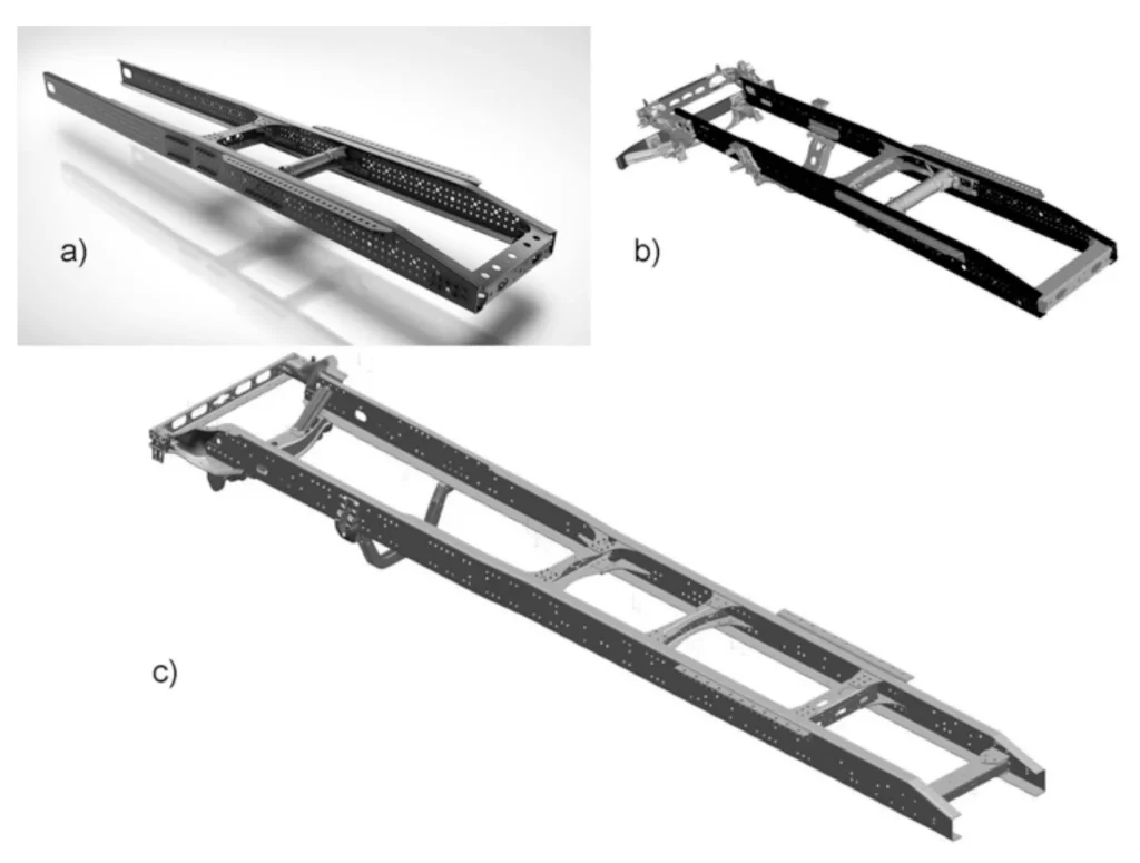 Hình minh họa cấu trúc khung chassis của xe đầu kéo và sơ mi rơ moóc vận tải đường dài.