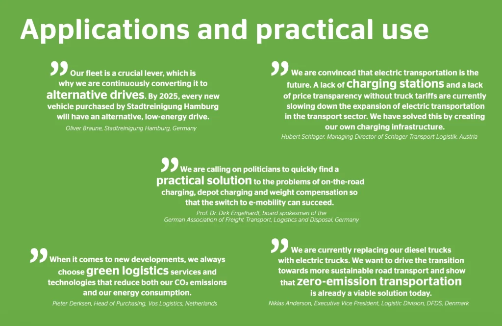 Real-world applications of electric transport in fleet operations, including charging infrastructure challenges, green logistics strategies, and the transition to zero-emission trucking.