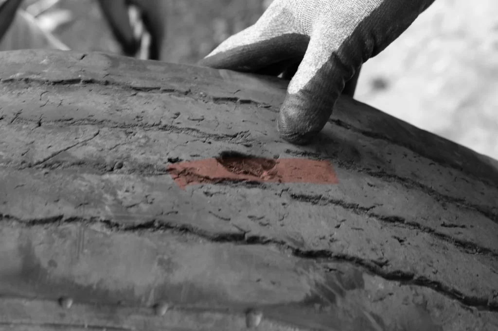 A technician in a glove uses a specialized tool to identify a deep casing puncture, ruling out this tire for a regroove and declaring it unsafe.
