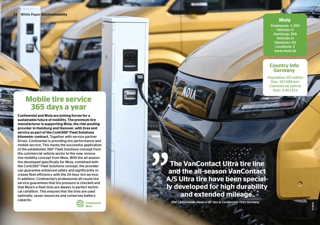 A line of gold MOIA electric ride-pooling vans being charged at a station, featuring Continental VanContact Ultra tires for high-durability fleet management.