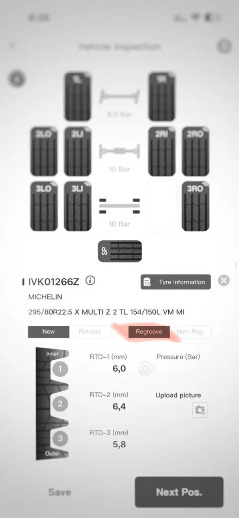 Tire management app showing regroove status for Michelin truck tire. Track tread depth (RTD) with precise measurements 6.0mm, 6.4mm, and 5.8mm before and after regrooving.