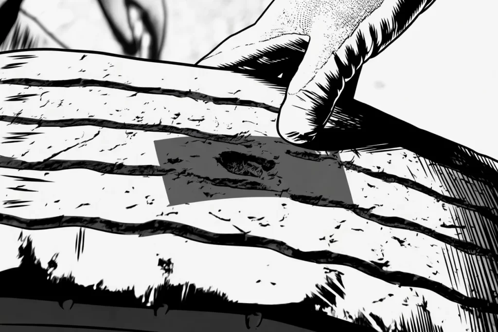 Close-up illustration of a hand inspecting a puncture hole and damaged tread on a vehicle tire for repair.