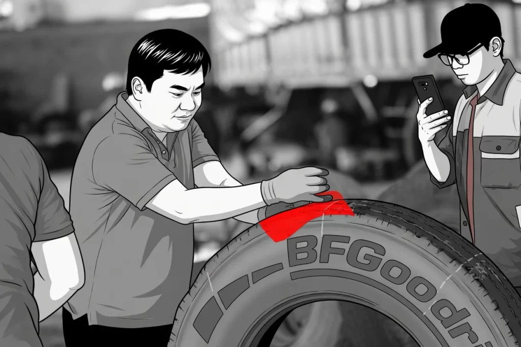 An expert instructor teaching a tire technician how to measure tread depth for potential regrooving on a BFGoodrich tire.