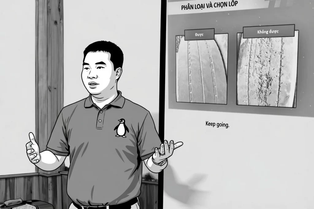 An instructor presenting a "Classification and Tire Selection" guide to technicians for regrooving eligibility.