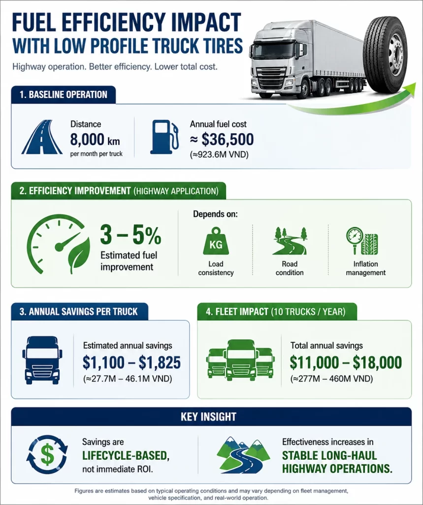 Infographic showing fuel efficiency impact of low profile truck tires for Vietnam fleets, highlighting 3-5% fuel savings and annual cost reduction of up to 460 million VND for a 10-truck fleet.