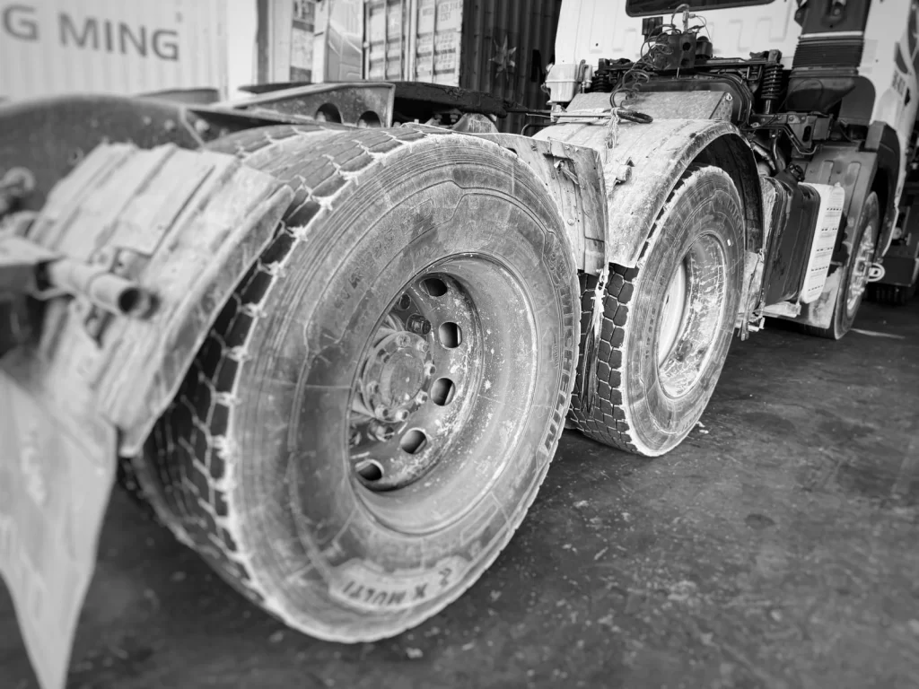 Semi truck tire rotation example with S2.D4.D4 axle setup showing tandem drive tire positions for wear inspection and rotation planning