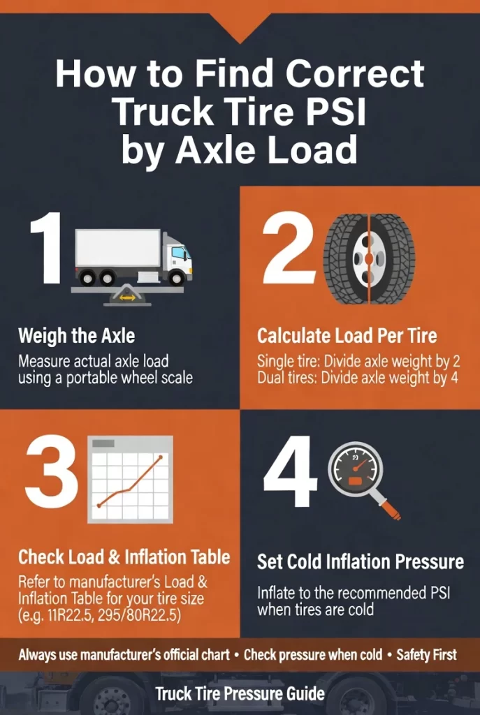 Detailed Truck Tire Pressure Chart Guide – How to find truck tire pressure based on axle load. Includes Continental PSI chart, how to calculate load on each tire (single/dual), and common mistakes to avoid.