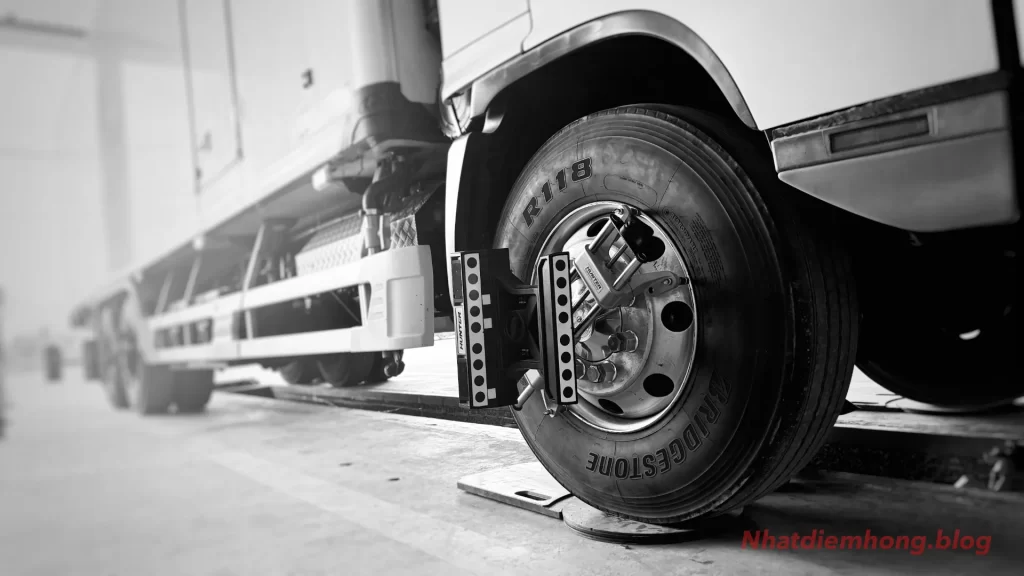 Commercial truck wheel alignment inspection using alignment equipment on steer axle to reduce irregular tire wear and fleet operating costs