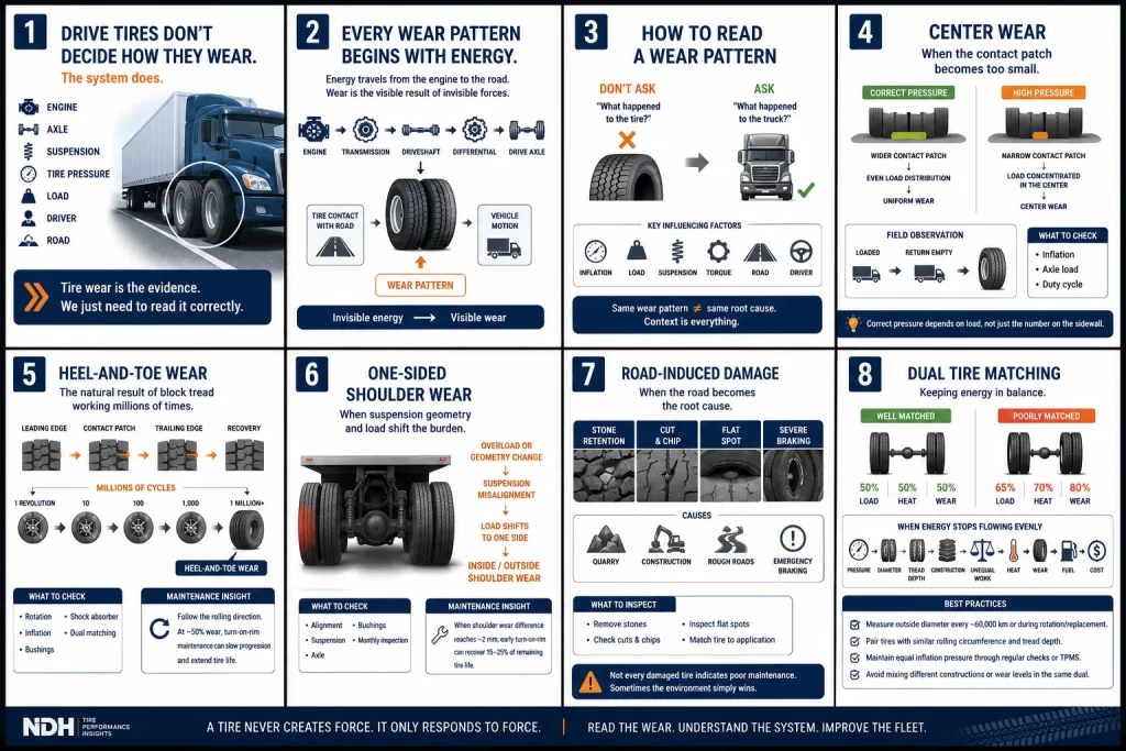 Infographic explaining common drive tire wear patterns, including center wear, heel-and-toe wear, one-sided shoulder wear, road-induced damage, and dual tire matching for commercial trucks.